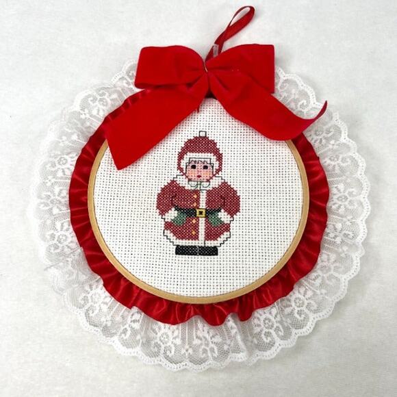 Vintage Handmade Mrs. Claus Cross Stitch Hoop Art - Picture 1 of 3